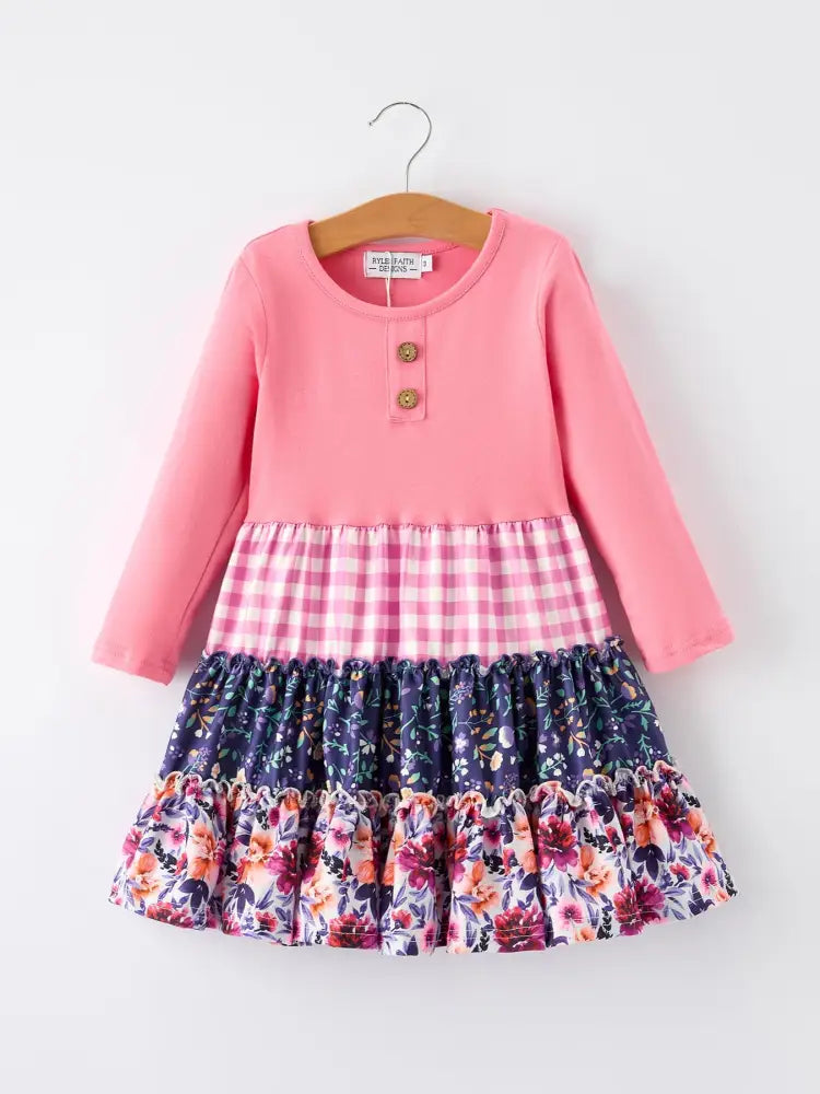 Pink Autumn Patchwork Floral & Plaid Long Sleeve Girls Dress Dress