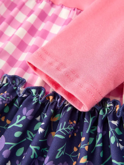 Pink Autumn Patchwork Floral & Plaid Long Sleeve Girls Dress Dress