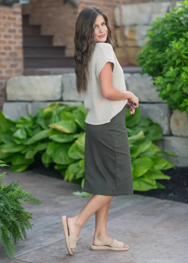 Kennedy Olive Midi Denim Skirt - IC Skirts