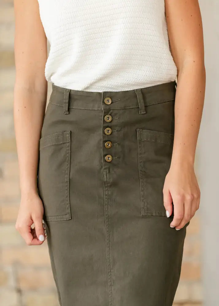 Kennedy Olive Midi Denim Skirt - IC Skirts