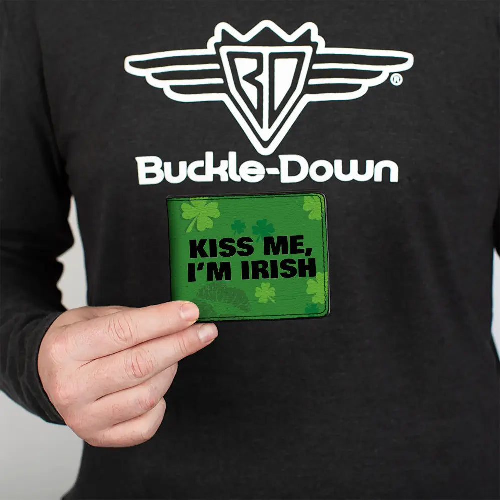 Bi-Fold Wallet - KISS ME I’M IRISH! Clovers Kisses Greens Black Bi-Fold Wallets