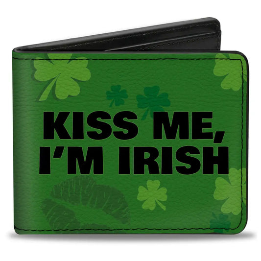 Bi-Fold Wallet - KISS ME I’M IRISH! Clovers Kisses Greens Black Bi-Fold Wallets