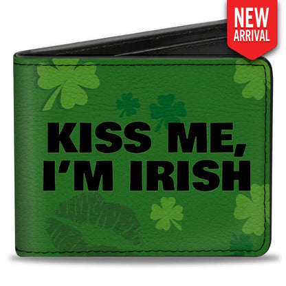 Bi-Fold Wallet - KISS ME I’M IRISH! Clovers Kisses Greens Black Bi-Fold Wallets