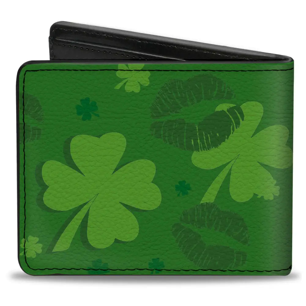 Bi-Fold Wallet - KISS ME I’M IRISH! Clovers Kisses Greens Black Bi-Fold Wallets