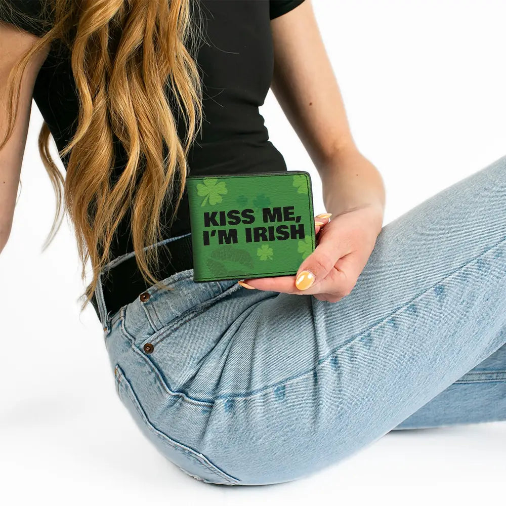 Bi-Fold Wallet - KISS ME I’M IRISH! Clovers Kisses Greens Black Bi-Fold Wallets