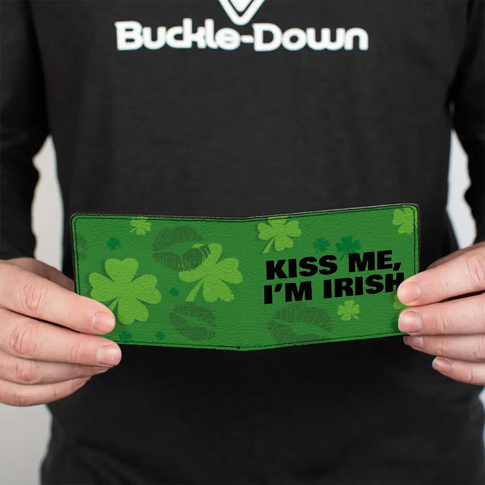 Bi-Fold Wallet - KISS ME I’M IRISH! Clovers Kisses Greens Black Bi-Fold Wallets
