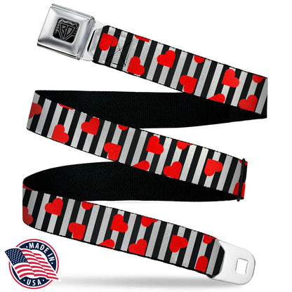 BD Wings Logo CLOSE-UP Black/Silver Seatbelt Belt - Hearts Scattered/Stripe White/Black/Red Webbing Seatbelt Belts