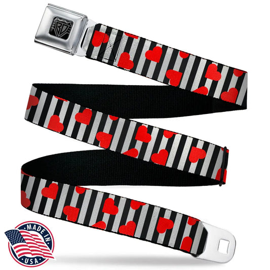 BD Wings Logo CLOSE-UP Black/Silver Seatbelt Belt - Hearts Scattered/Stripe White/Black/Red Webbing Seatbelt Belts