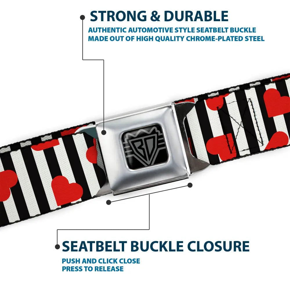 BD Wings Logo CLOSE-UP Black/Silver Seatbelt Belt - Hearts Scattered/Stripe White/Black/Red Webbing Seatbelt Belts