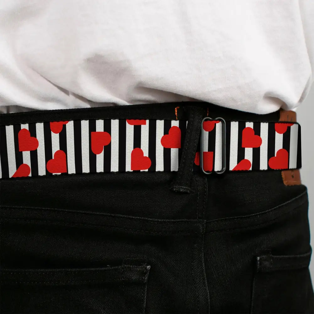 BD Wings Logo CLOSE-UP Black/Silver Seatbelt Belt - Hearts Scattered/Stripe White/Black/Red Webbing Seatbelt Belts