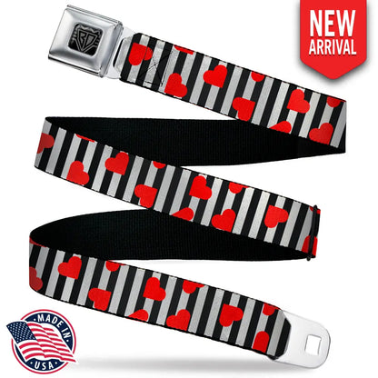 BD Wings Logo CLOSE-UP Black/Silver Seatbelt Belt - Hearts Scattered/Stripe White/Black/Red Webbing Seatbelt Belts