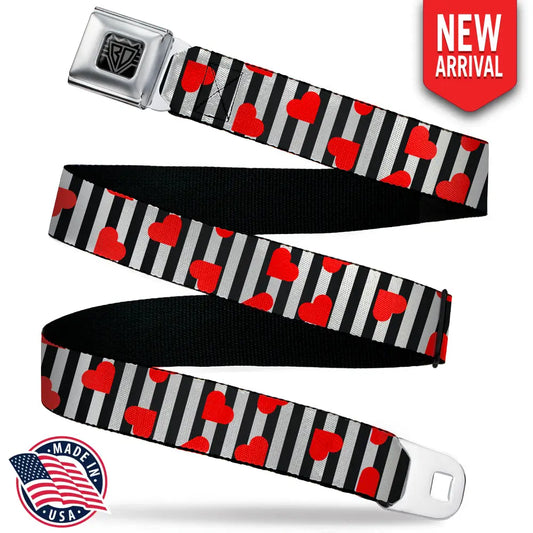 BD Wings Logo CLOSE-UP Black/Silver Seatbelt Belt - Hearts Scattered/Stripe White/Black/Red Webbing Seatbelt Belts