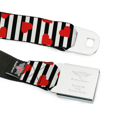 BD Wings Logo CLOSE-UP Black/Silver Seatbelt Belt - Hearts Scattered/Stripe White/Black/Red Webbing Seatbelt Belts