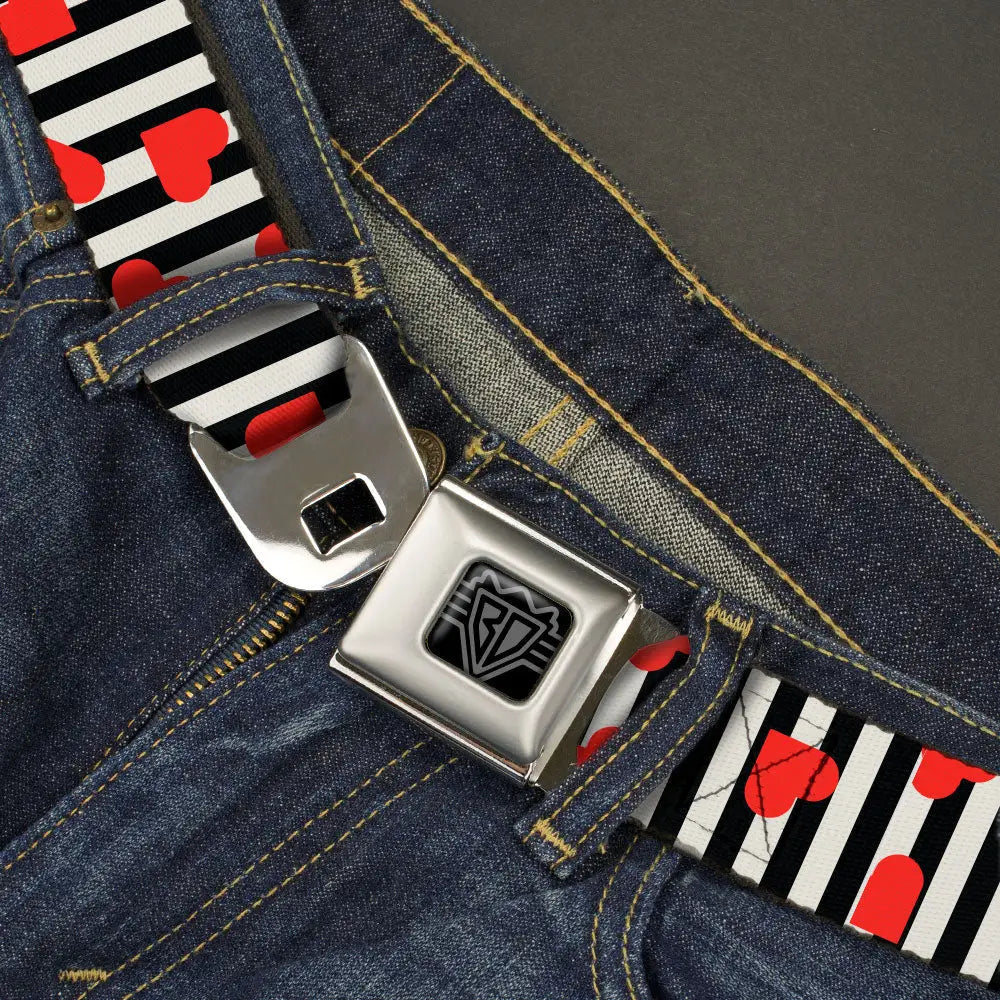 BD Wings Logo CLOSE-UP Black/Silver Seatbelt Belt - Hearts Scattered/Stripe White/Black/Red Webbing Seatbelt Belts