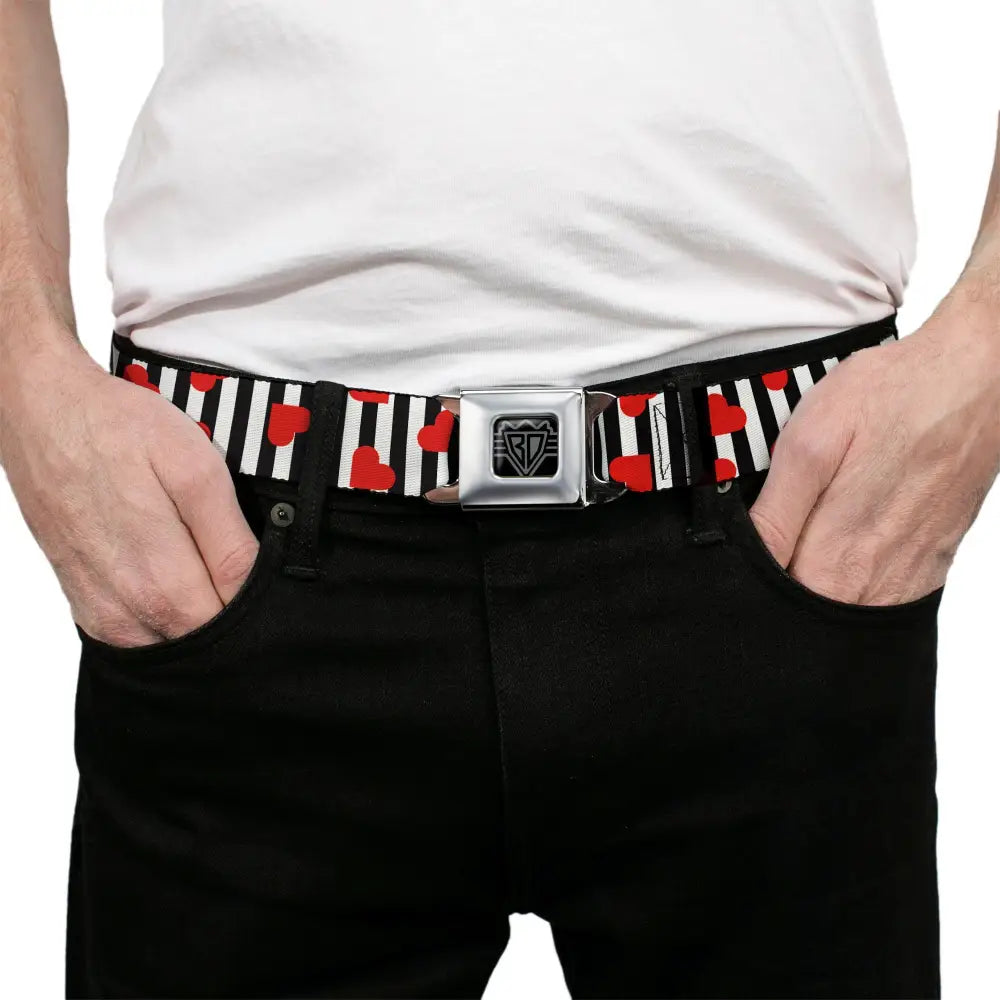 BD Wings Logo CLOSE-UP Black/Silver Seatbelt Belt - Hearts Scattered/Stripe White/Black/Red Webbing Seatbelt Belts