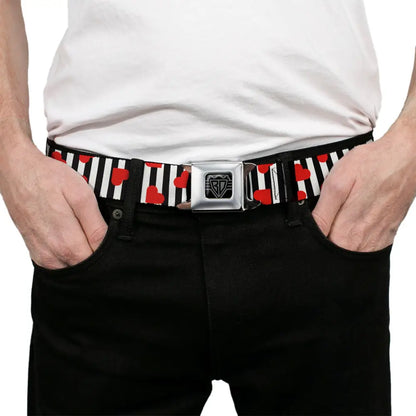 BD Wings Logo CLOSE-UP Black/Silver Seatbelt Belt - Hearts Scattered/Stripe White/Black/Red Webbing Seatbelt Belts