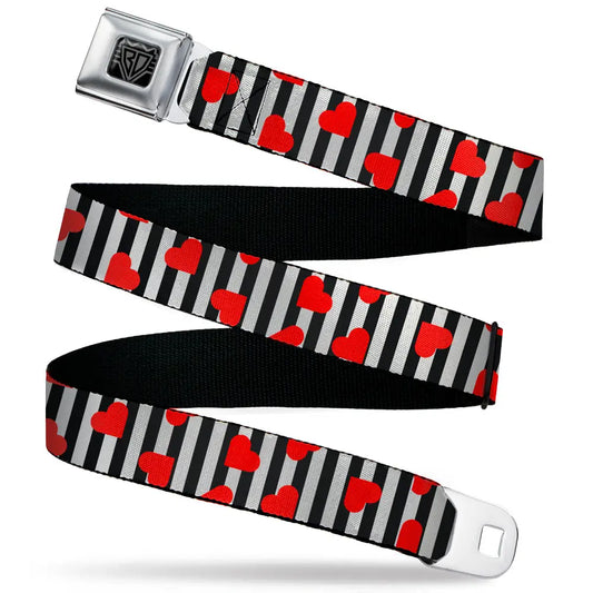 BD Wings Logo CLOSE-UP Black/Silver Seatbelt Belt - Hearts Scattered/Stripe White/Black/Red Webbing Seatbelt Belts