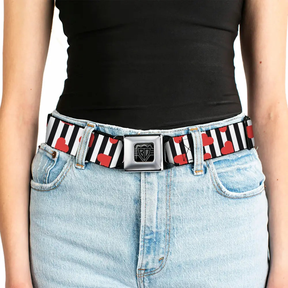 BD Wings Logo CLOSE-UP Black/Silver Seatbelt Belt - Hearts Scattered/Stripe White/Black/Red Webbing Seatbelt Belts