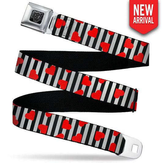 BD Wings Logo CLOSE-UP Black/Silver Seatbelt Belt - Hearts Scattered/Stripe White/Black/Red Webbing Seatbelt Belts
