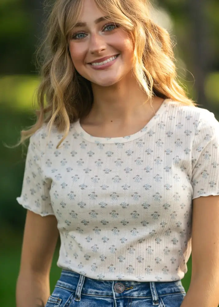Larza Blue Floral Lettuce Hem Top - FINAL SALE - IC Tops