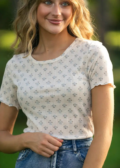Larza Blue Floral Lettuce Hem Top - FINAL SALE - IC Tops