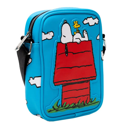 Peanuts Bag Crossbody The Secret of Life Snoopy and Woodstock Dog House Pose Blue Vegan Leather Crossbody Bags