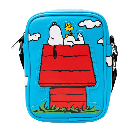 Peanuts Bag Crossbody The Secret of Life Snoopy and Woodstock Dog House Pose Blue Vegan Leather Crossbody Bags