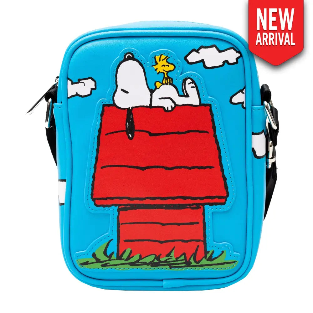 Peanuts Bag Crossbody The Secret of Life Snoopy and Woodstock Dog House Pose Blue Vegan Leather Crossbody Bags