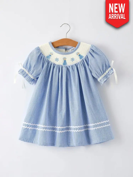 Girls Dress – Blue Striped Smocked Outfit with Short Sleeves Dress