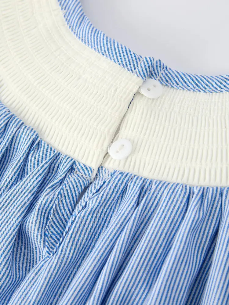 Girls Dress – Blue Striped Smocked Outfit with Short Sleeves Dress
