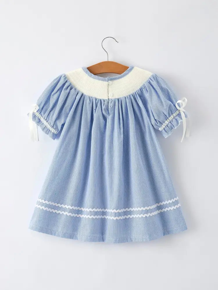 Girls Dress – Blue Striped Smocked Outfit with Short Sleeves Dress