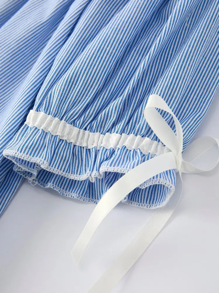 Girls Dress – Blue Striped Smocked Outfit with Short Sleeves Dress