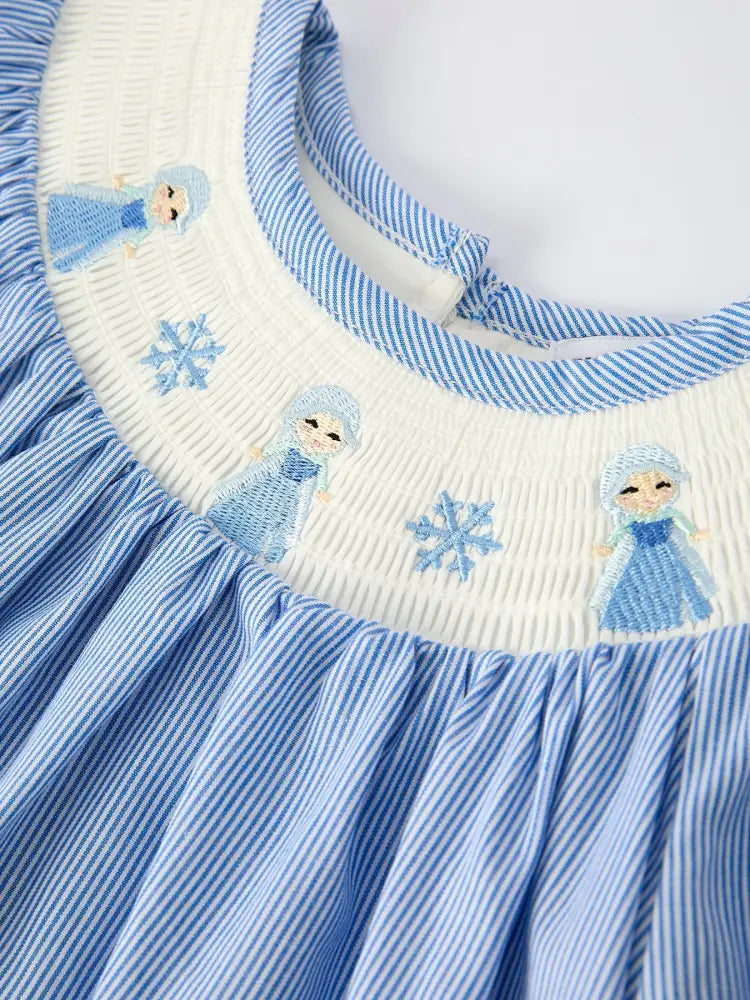 Girls Dress – Blue Striped Smocked Outfit with Short Sleeves Dress