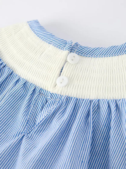 Baby Girls Romper – Blue Striped Smocked Outfit with Short Sleeves Romper