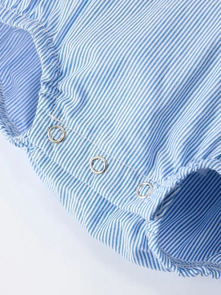 Baby Girls Romper – Blue Striped Smocked Outfit with Short Sleeves Romper