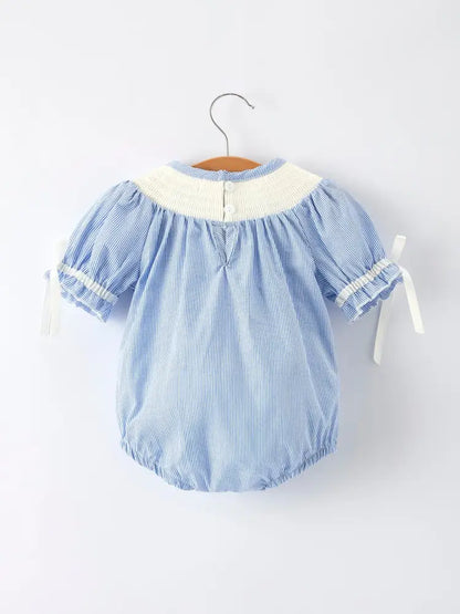 Baby Girls Romper – Blue Striped Smocked Outfit with Short Sleeves Romper