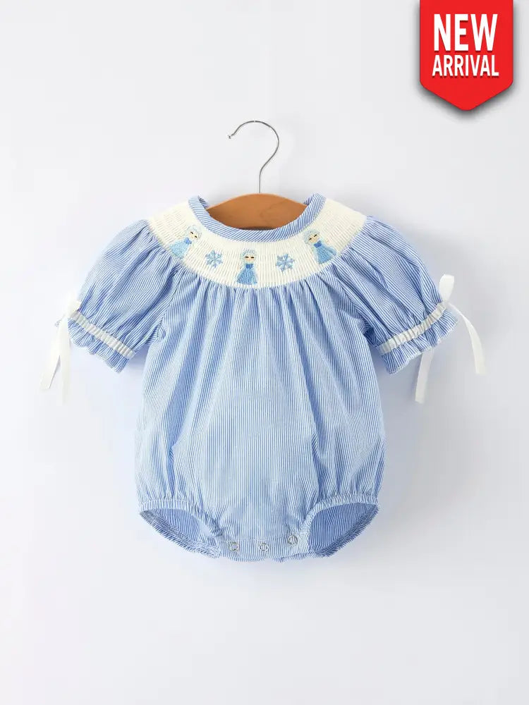 Baby Girls Romper – Blue Striped Smocked Outfit with Short Sleeves Romper