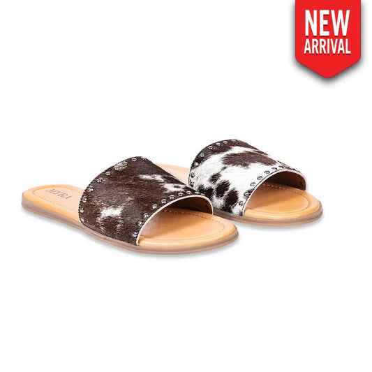 Myra Lettie Ridge Dark Hair-On Leather Flip Flops for Women - Western Slide Sandals with Soft Sole for Casual Comfort