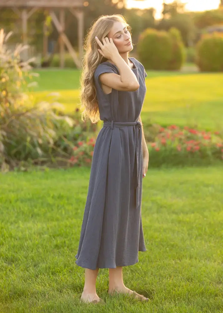 Lily Navy Gauze Belted Midi Dress - IC Dresses