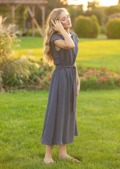 Lily Navy Gauze Belted Midi Dress - IC Dresses