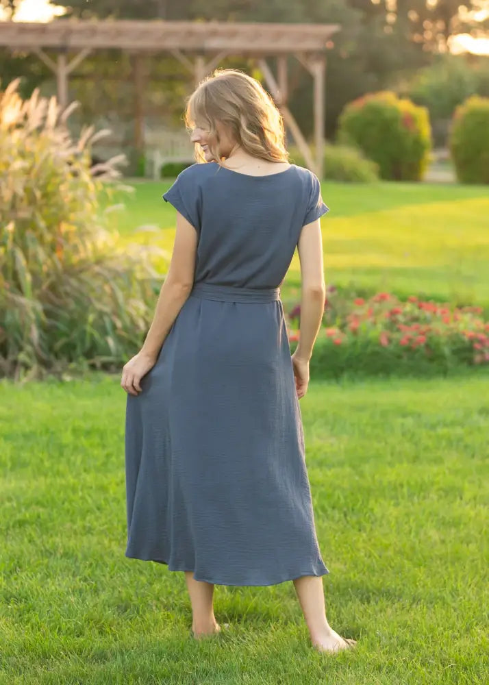 Lily Navy Gauze Belted Midi Dress - IC Dresses