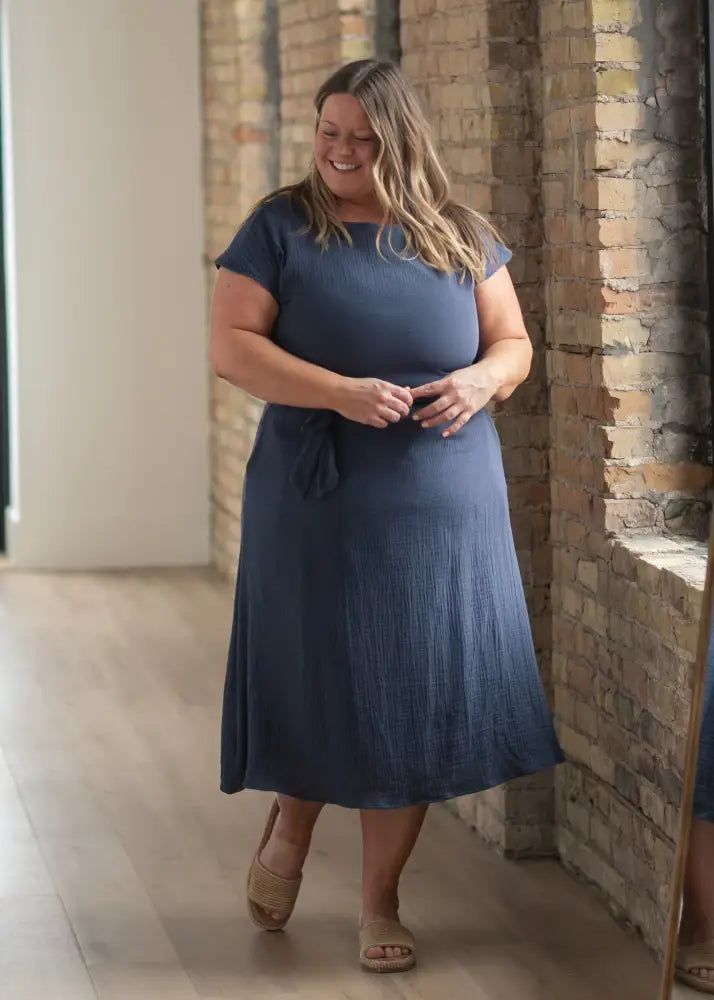 Lily Navy Gauze Belted Midi Dress - IC Dresses