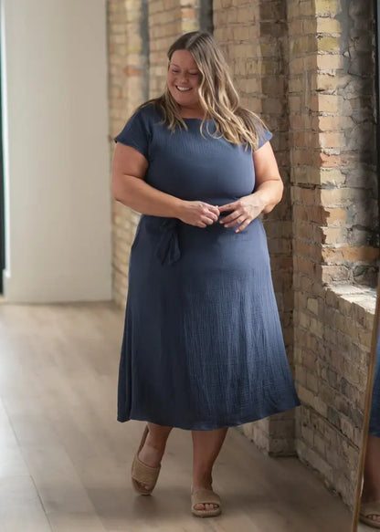 Lily Navy Gauze Belted Midi Dress - IC Dresses