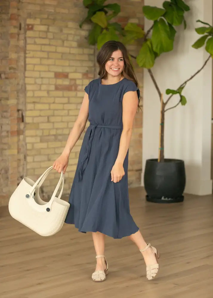 Lily Navy Gauze Belted Midi Dress - IC Dresses