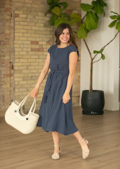 Lily Navy Gauze Belted Midi Dress - IC Dresses