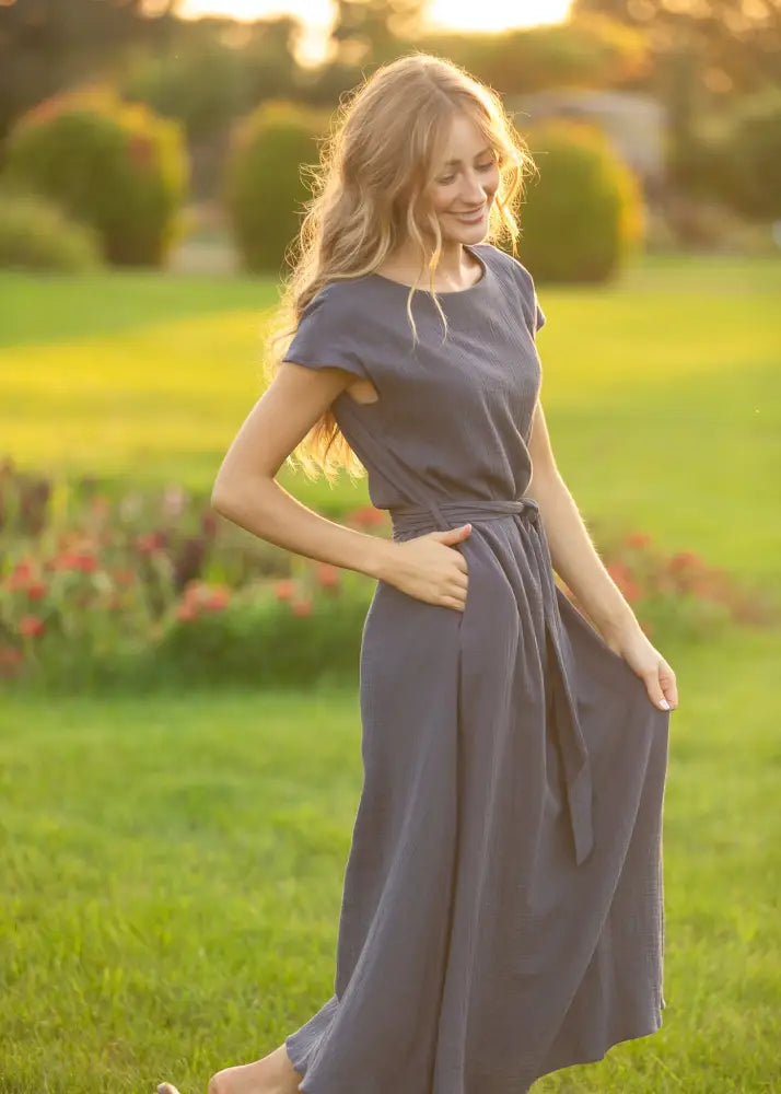 Lily Navy Gauze Belted Midi Dress - IC Dresses