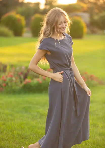 Lily Navy Gauze Belted Midi Dress - IC Dresses