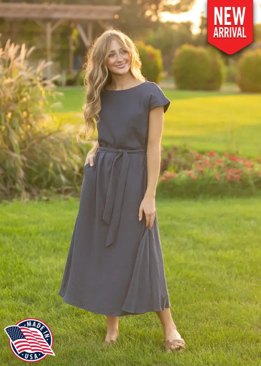 Lily Navy Gauze Belted Midi Dress - XS - IC Dresses