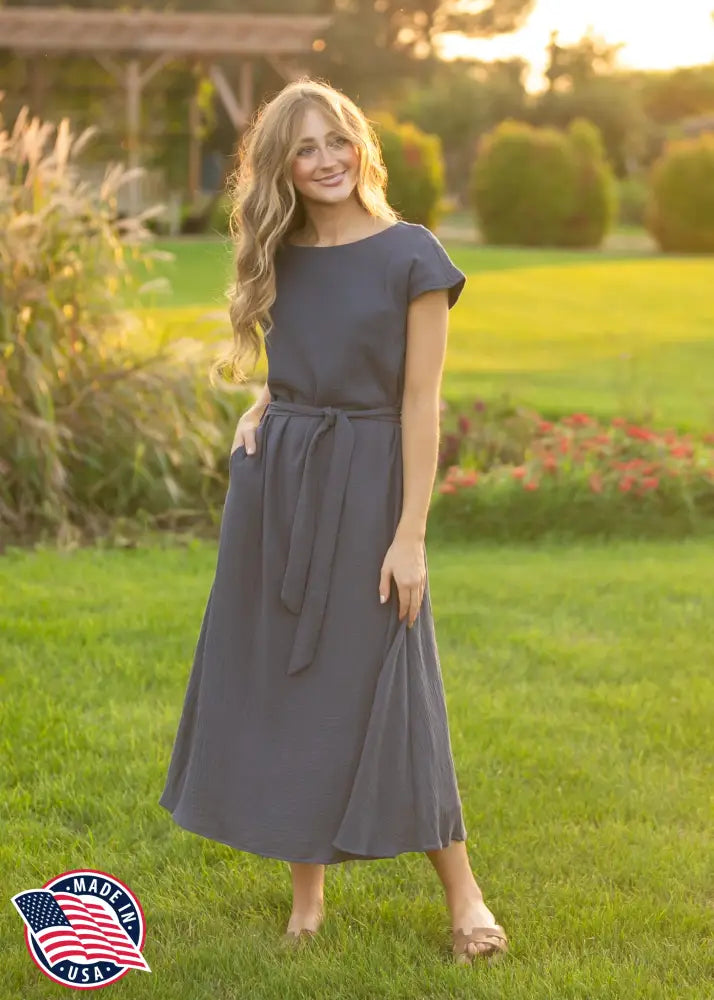 Lily Navy Gauze Belted Midi Dress - XS - IC Dresses