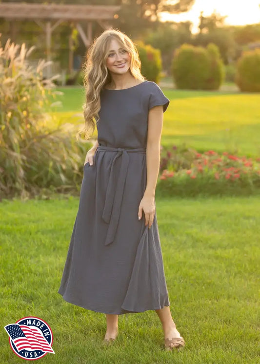 Lily Navy Gauze Belted Midi Dress - XS - IC Dresses